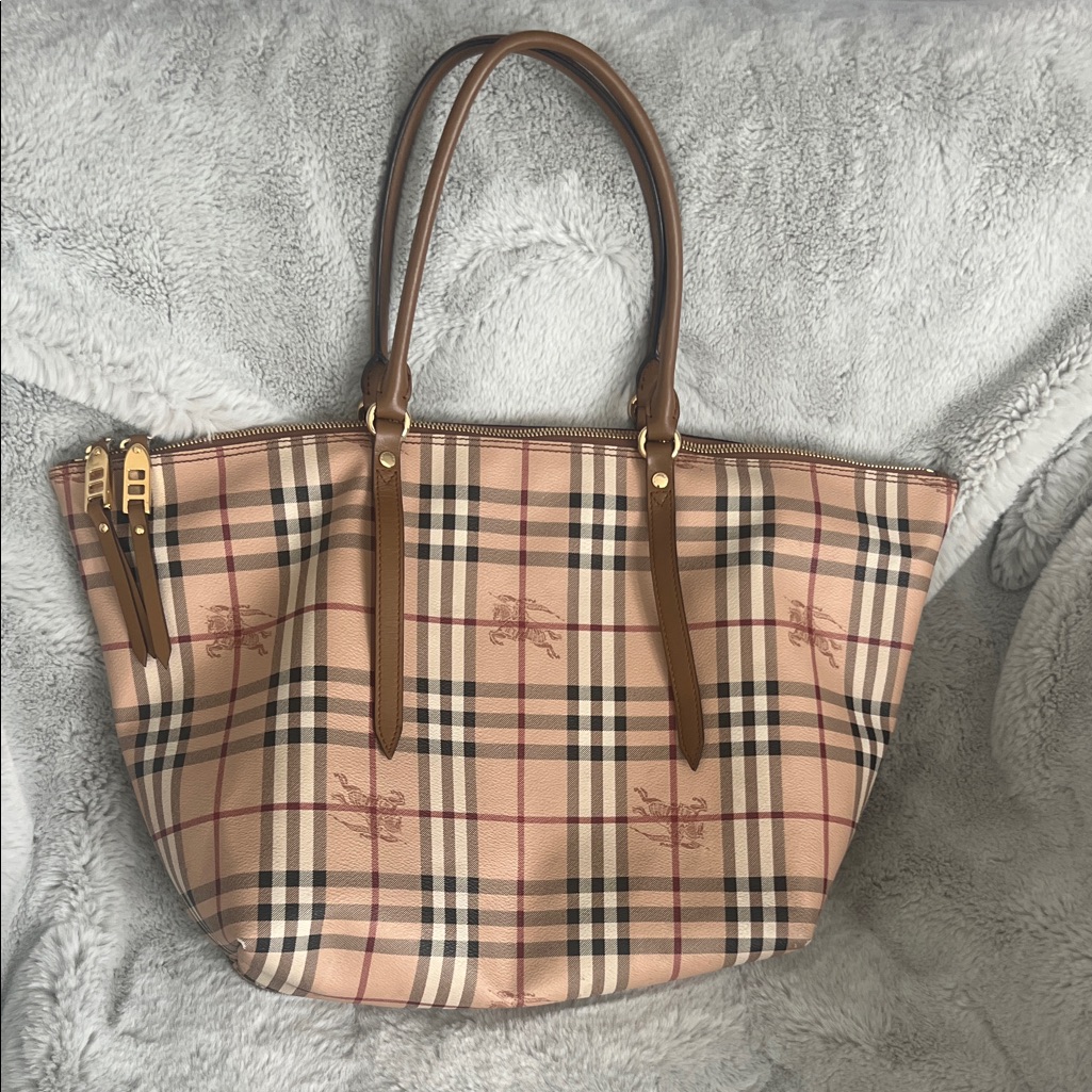 Burberry Beige Plaid Tote With Tan Leather Handles